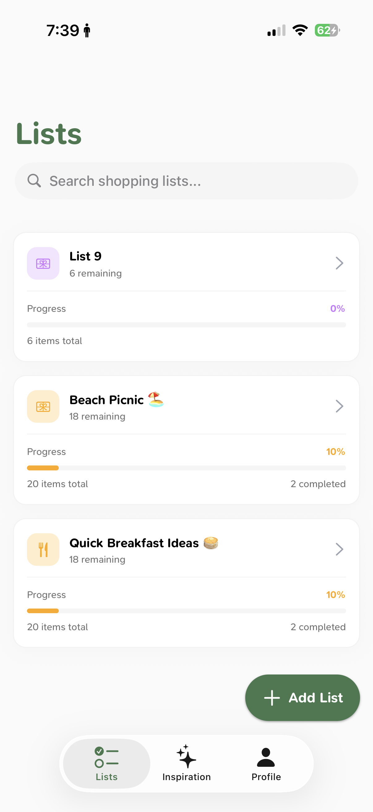 Screenshot of the Kai app Lists screen showing shopping lists with progress tracking.